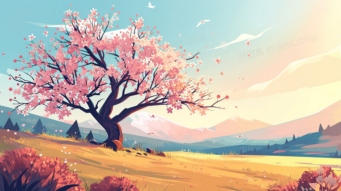 春天山坡上的粉色花树风景插画