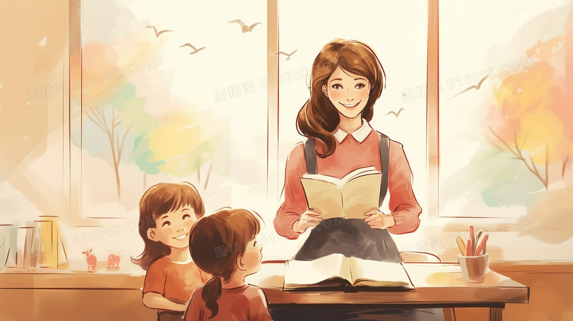 正在和学生们上课的老师插画