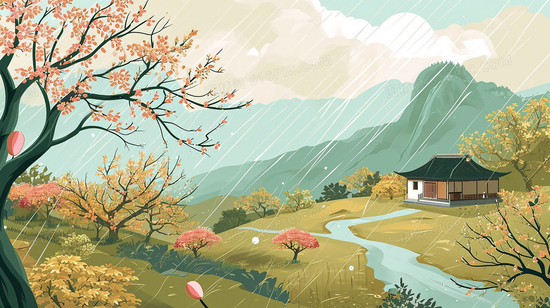 中国风春雨中的山水风景插画