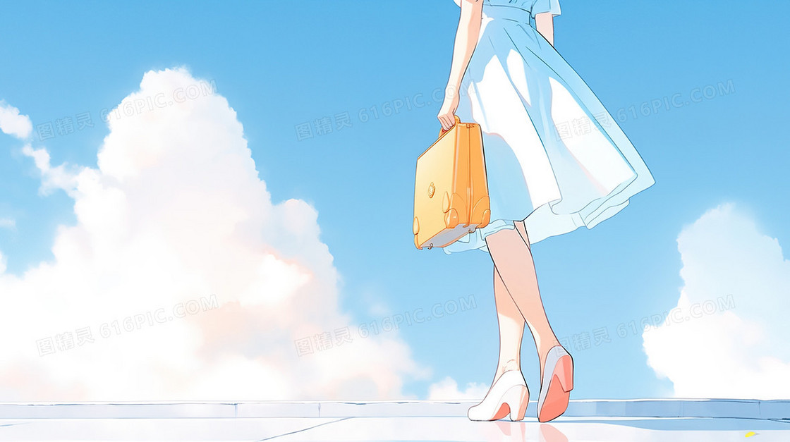 一个提着手提袋漫步的女生插画