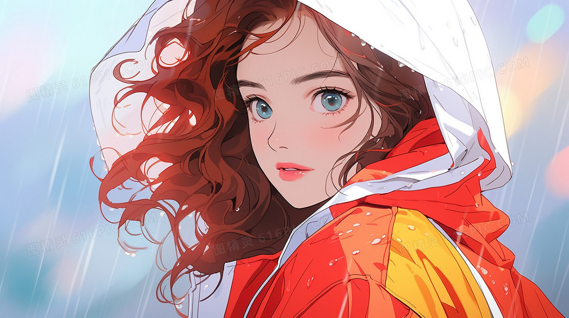 穿着雨衣的女生插画