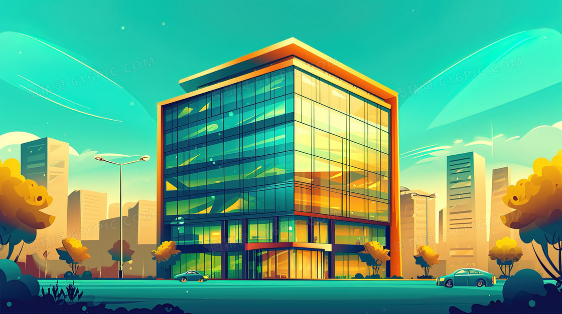 独栋办公楼建筑景观插画