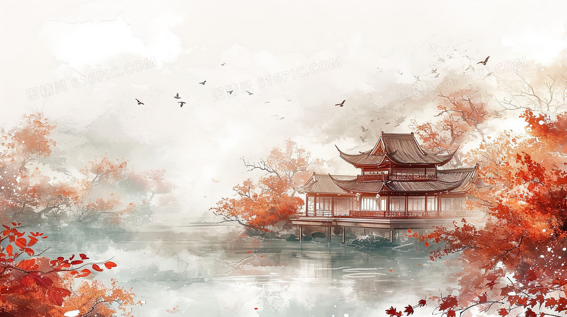 中国风唯美山水建筑风景插画