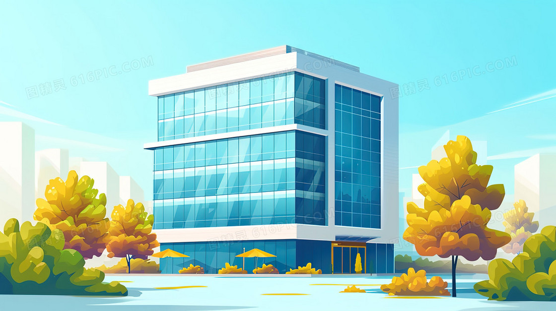 独栋办公楼建筑景观插画
