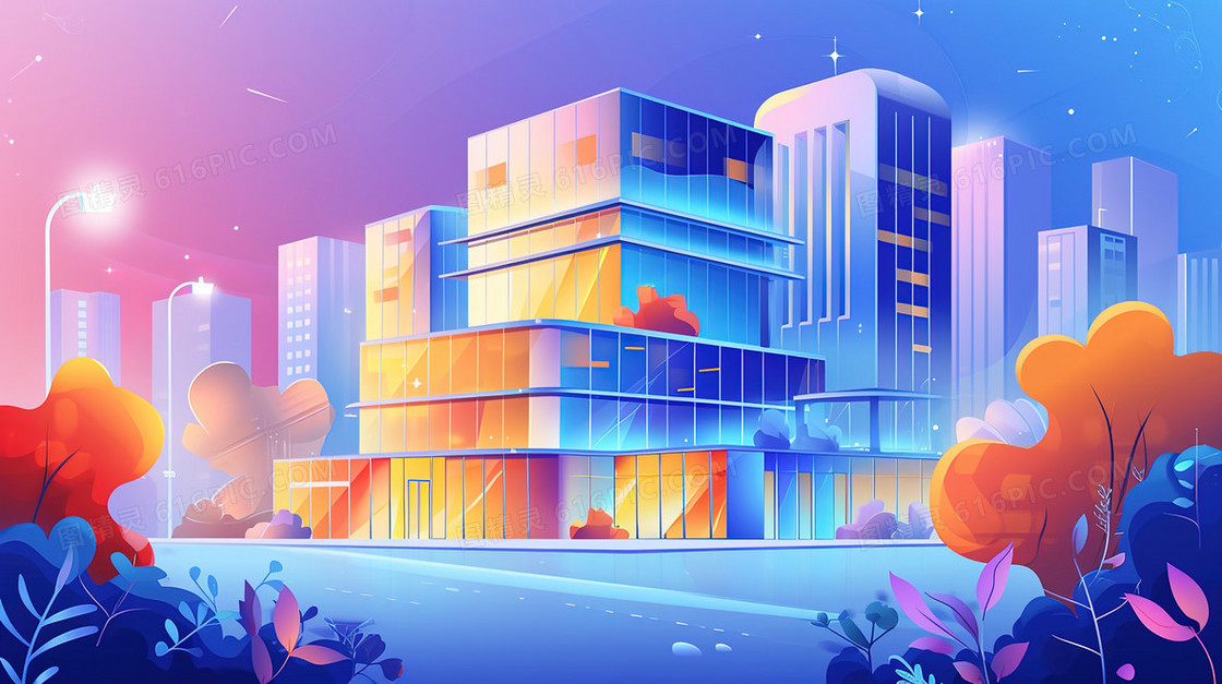 独栋办公楼建筑景观插画