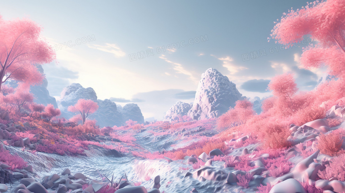 C4D童话世界粉色山地树林插画