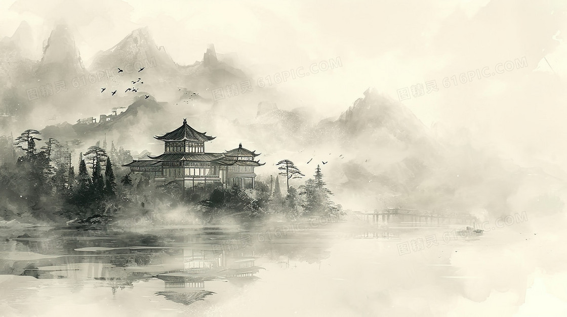 中国风唯美山水风景插画