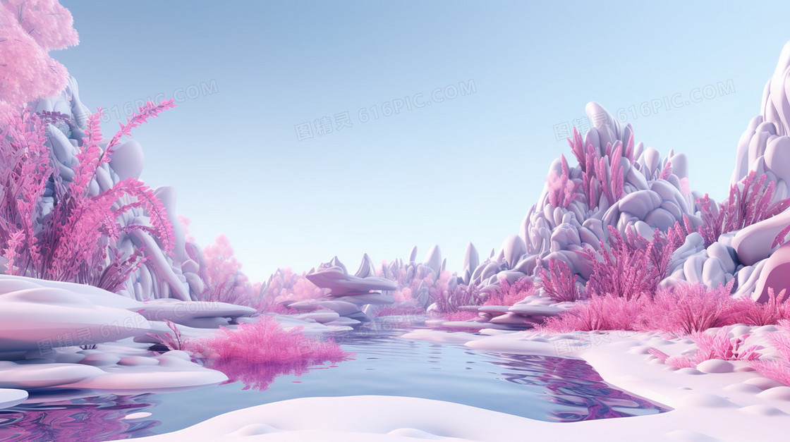 C4D童话世界粉色山地树林插画