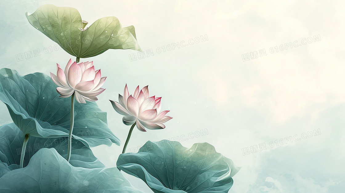 盛开的荷花与荷叶工笔画插画