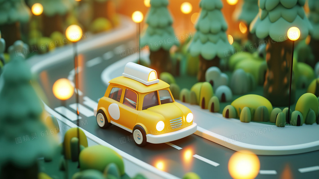 3D行驶在山林公路的黄色小轿车插画