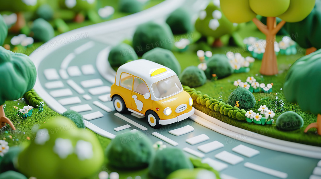 3D行驶在山林公路的黄色小轿车插画