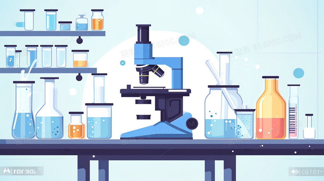 实验桌上的显微镜与化学药瓶插画