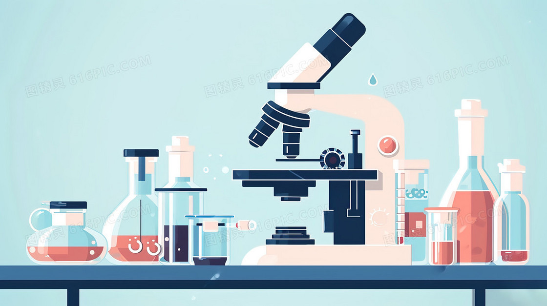 实验桌上的显微镜与化学药瓶插画