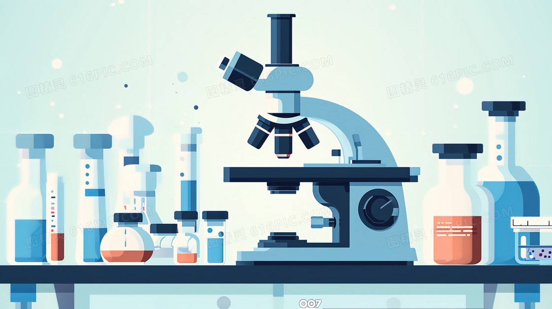 实验桌上的显微镜与化学药瓶插画
