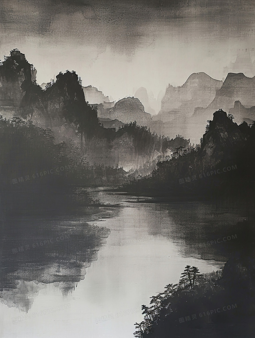 黑白中国风山水水墨风景插画