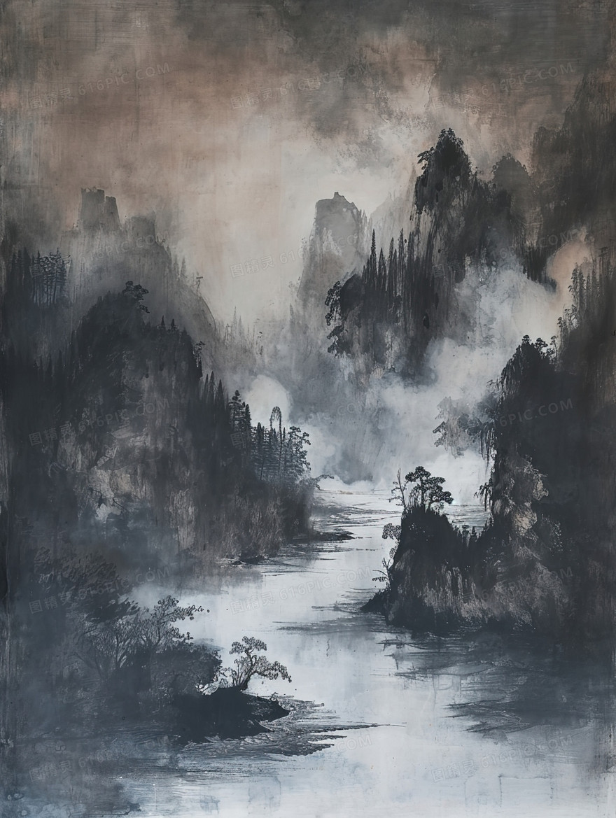 黑白中国风山水水墨风景插画