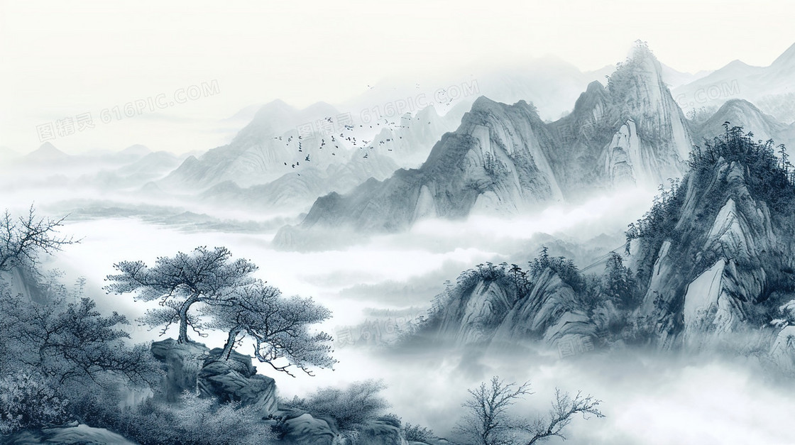 黑白中国风水墨山水风景插画