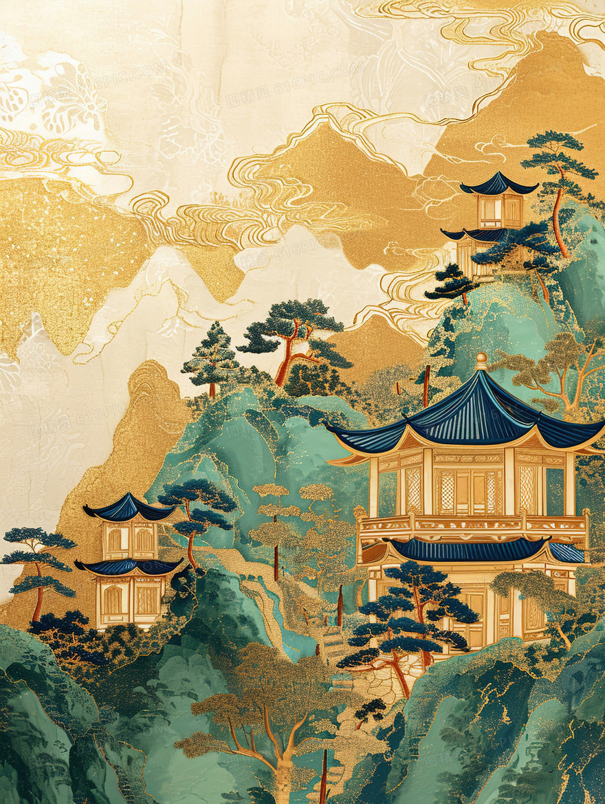 鎏金中国风高山建筑风景插画