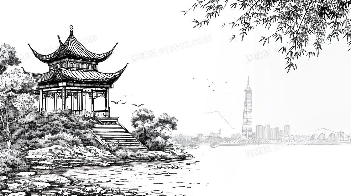 黑白线描中国风建筑风景插画