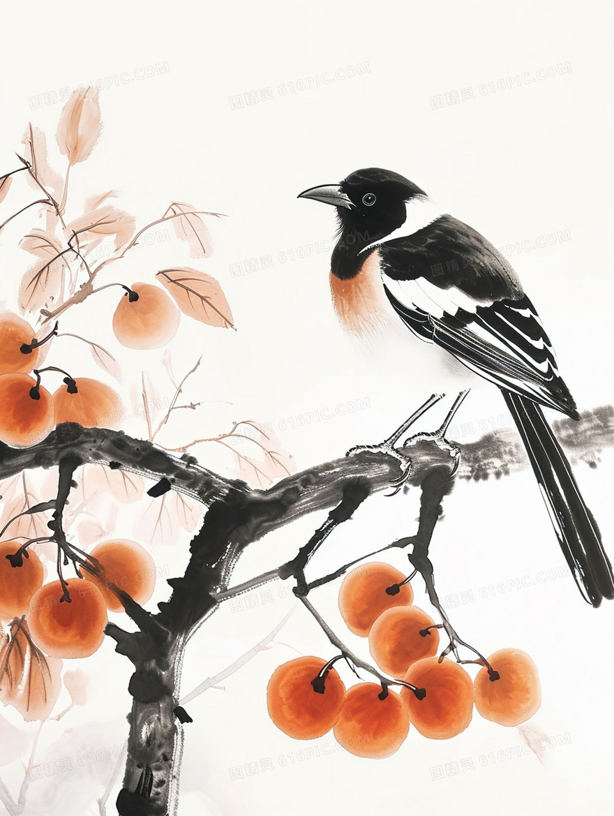红色果实树枝上的鸟类中国风插画