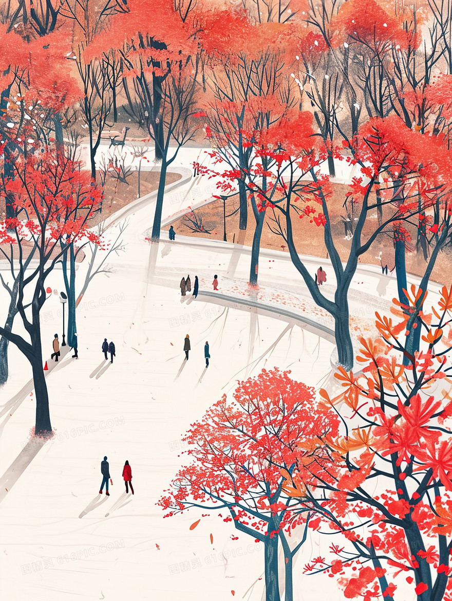 公园里的红色花树风景插画