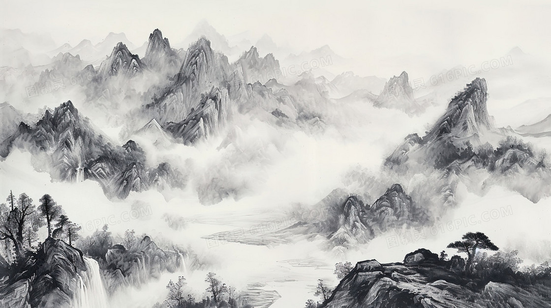 黑白中国风水墨山水风景插画