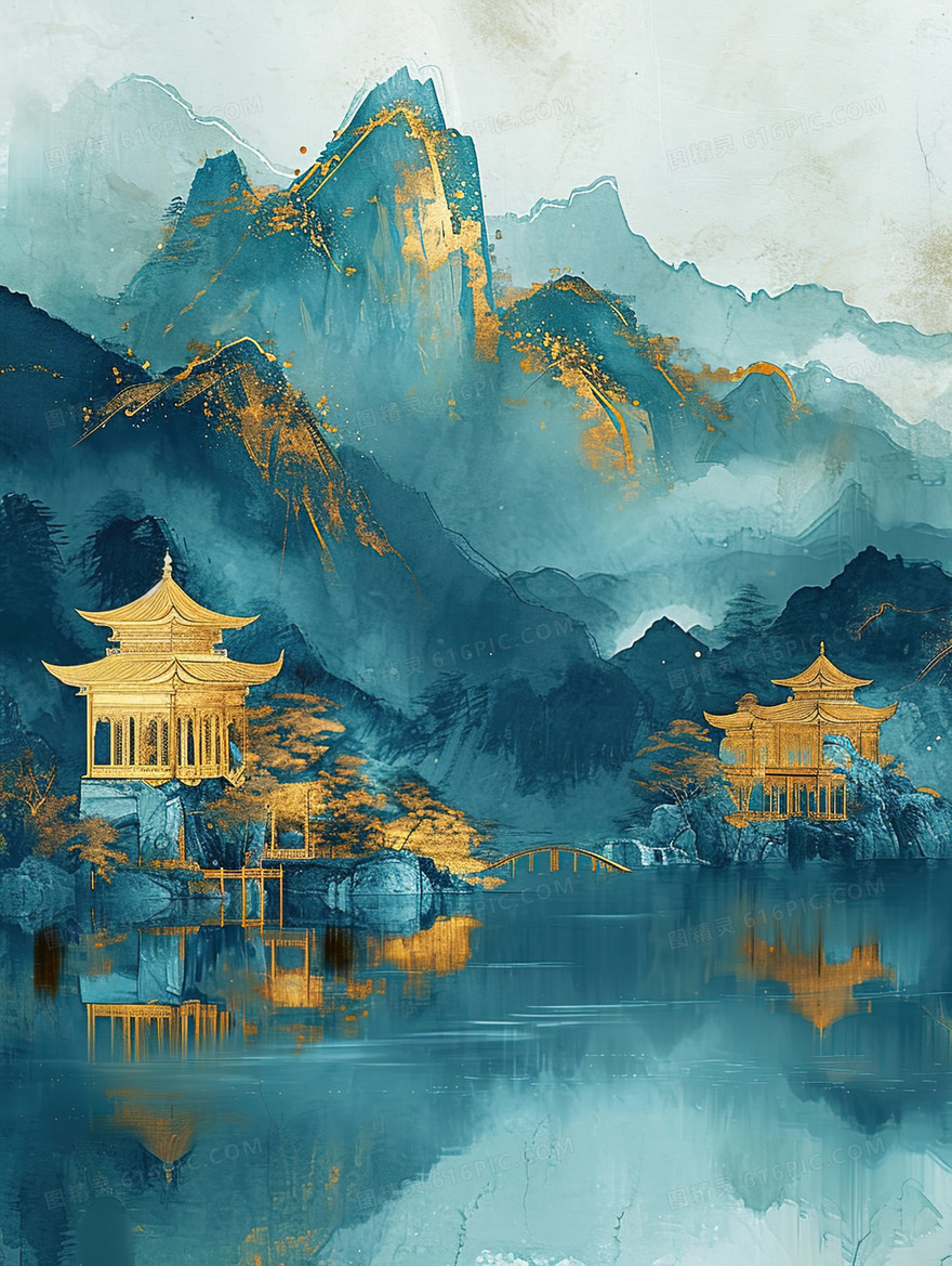 青绿色中国风鎏金山水建筑插画