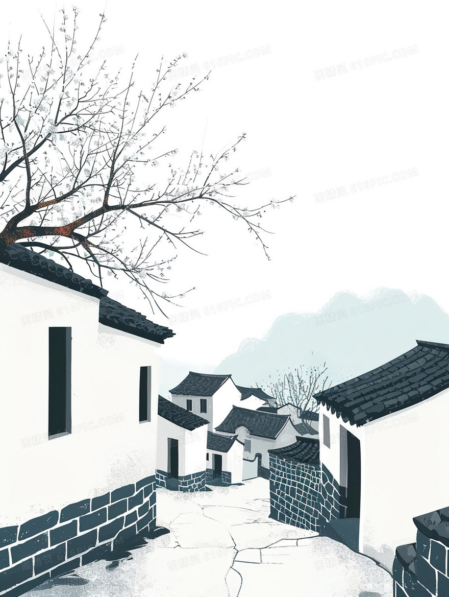 白墙黑瓦古镇建筑风景插画