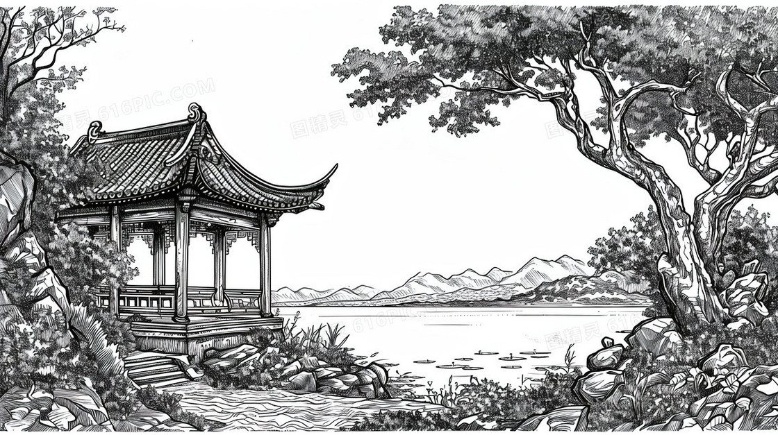 黑白线描中国风建筑风景插画