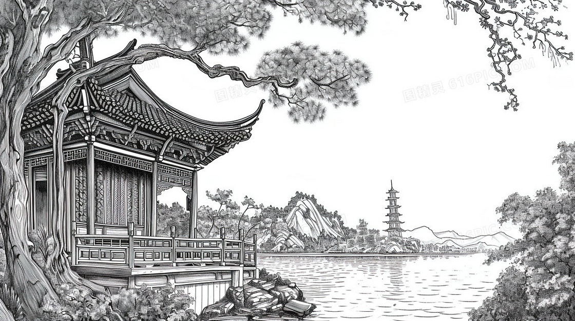 黑白线描中国风建筑风景插画