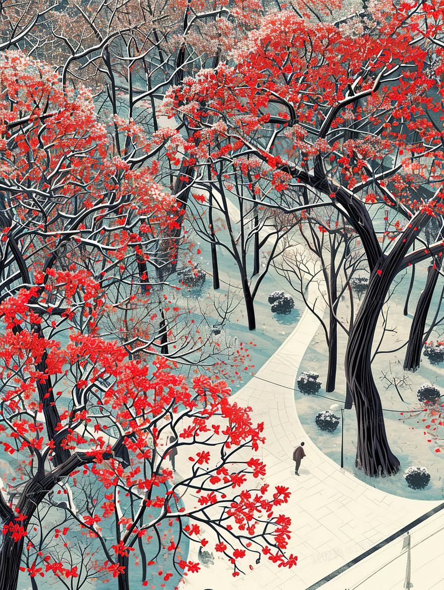 公园里的红色花树风景插画