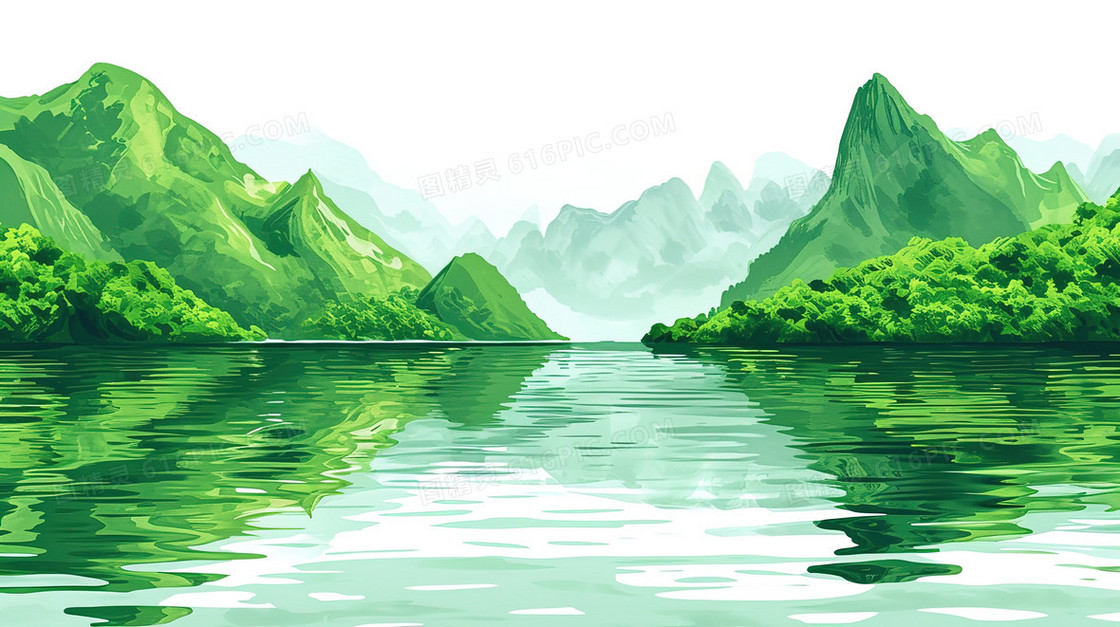 春天青山绿水风景插画