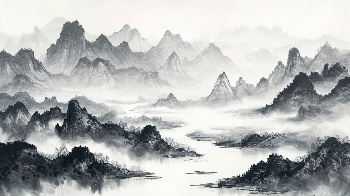 黑白中国风水墨山水风景插画