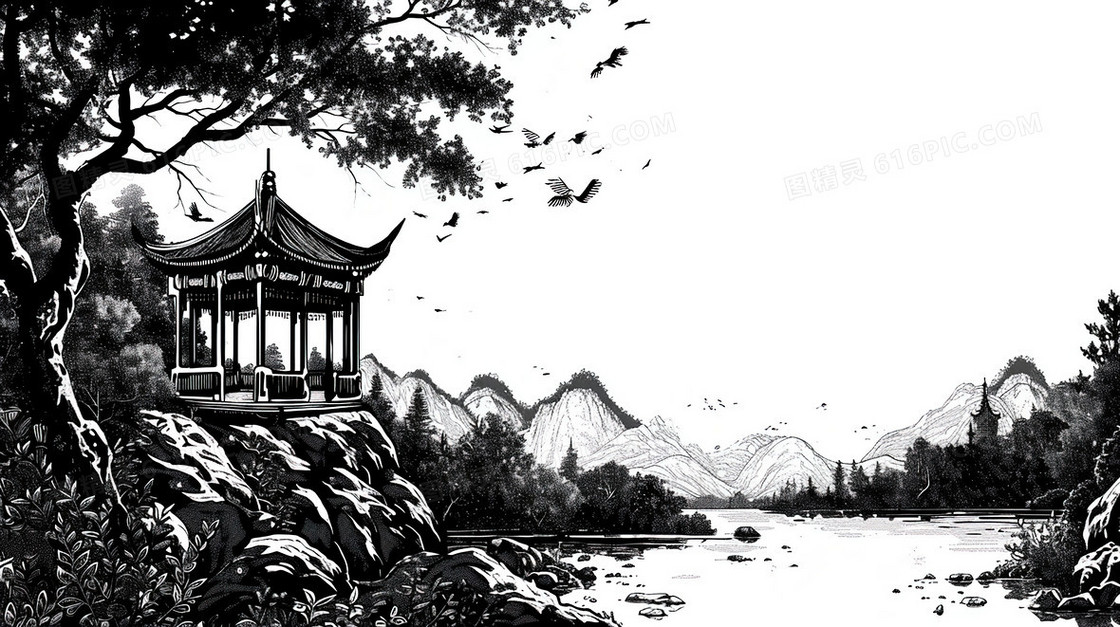 黑白线描中国风建筑风景插画