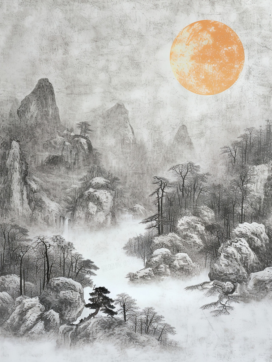 做旧中国风明月山水风景插画