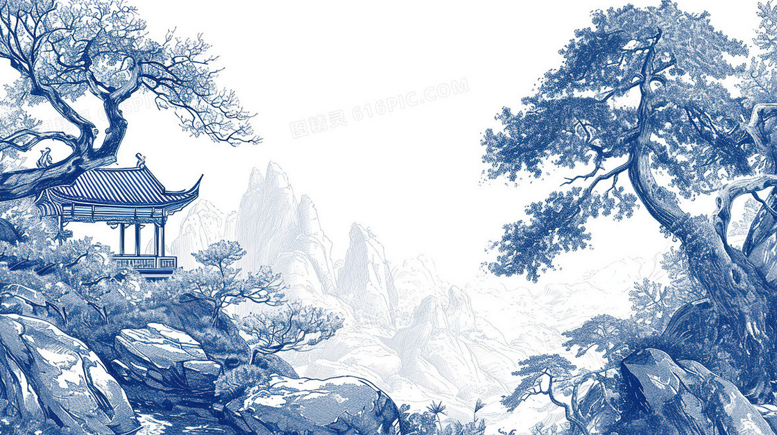 蓝色中国风山水建筑风景插画