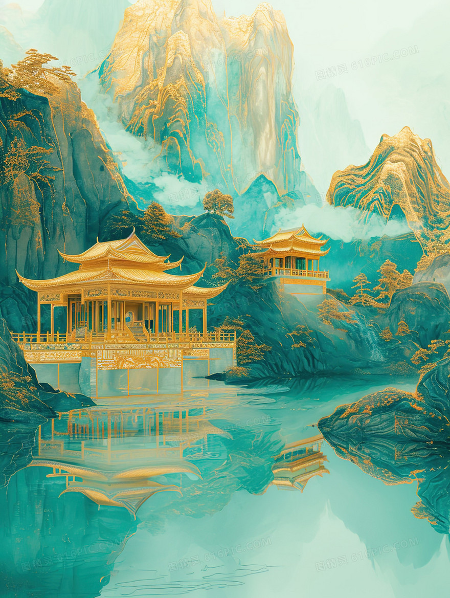 青绿色中国风鎏金山水建筑插画