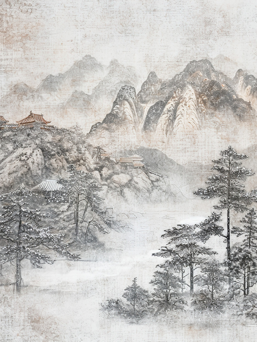 丛山的松树山水水墨插画
