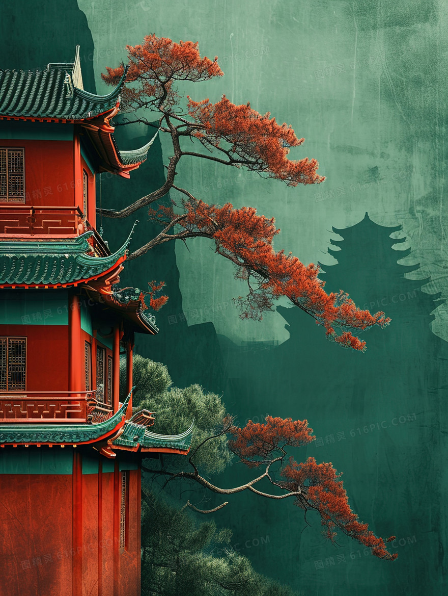 中式古建筑旁的松树插画