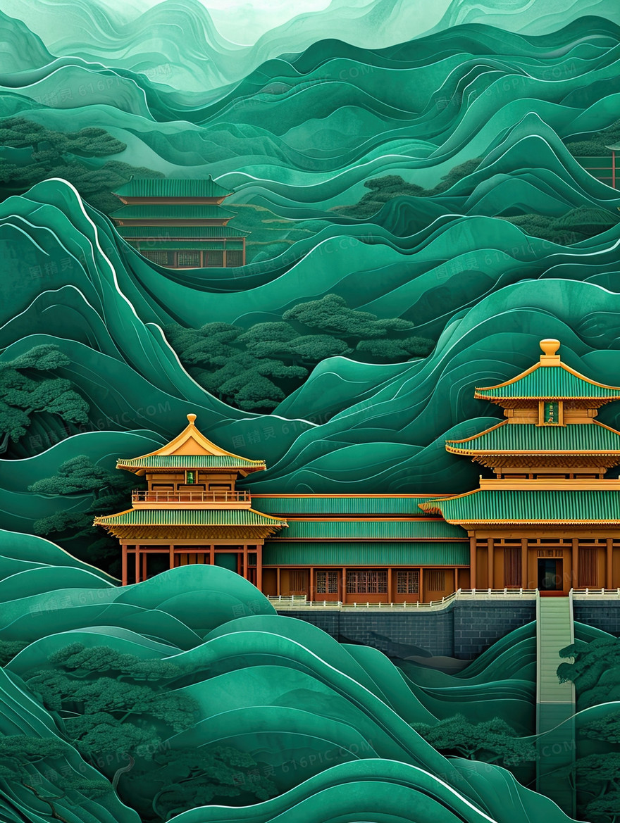 绿山鎏金古建筑国潮插画