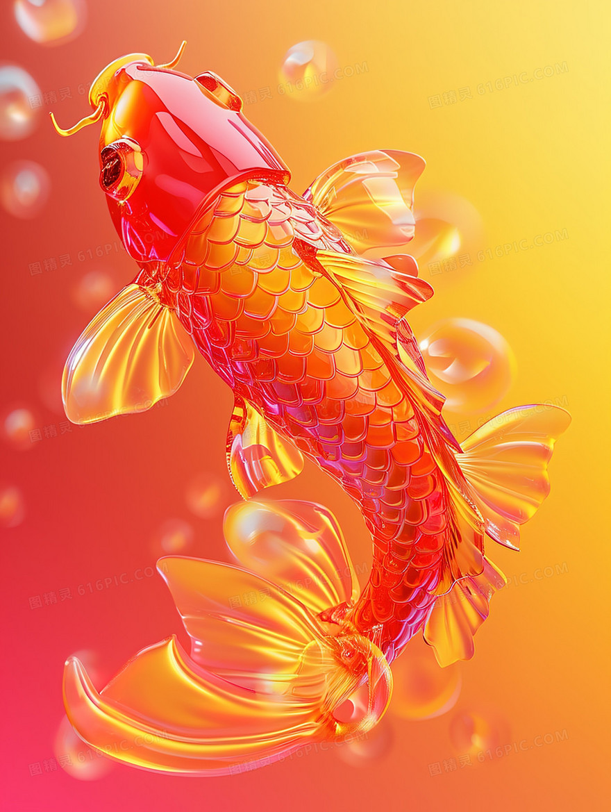 3D水中的红锦鲤春节插画