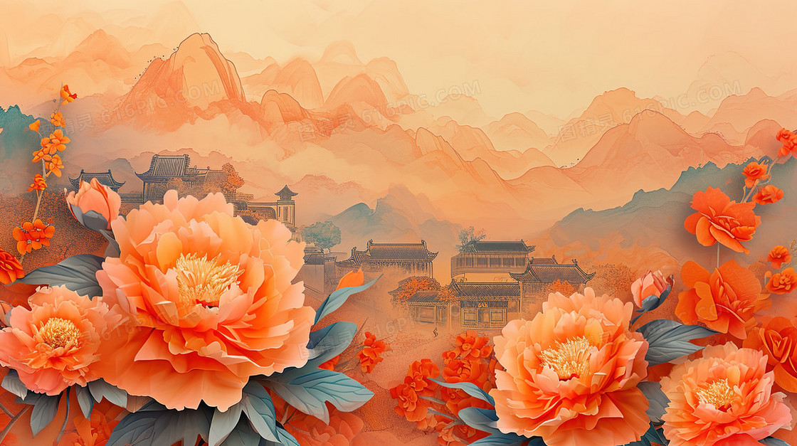 牡丹鲜花装饰工笔画插画