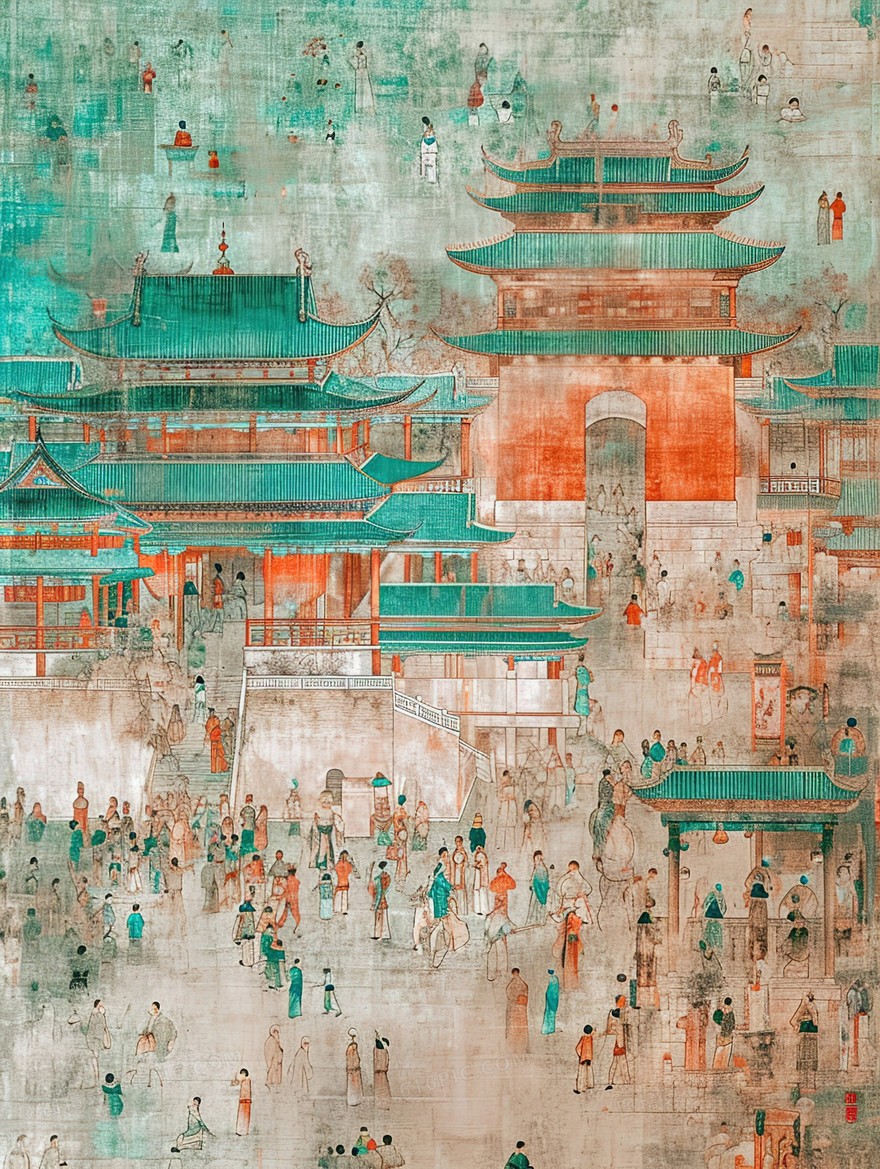 古代城镇繁荣景象敦煌画风插画