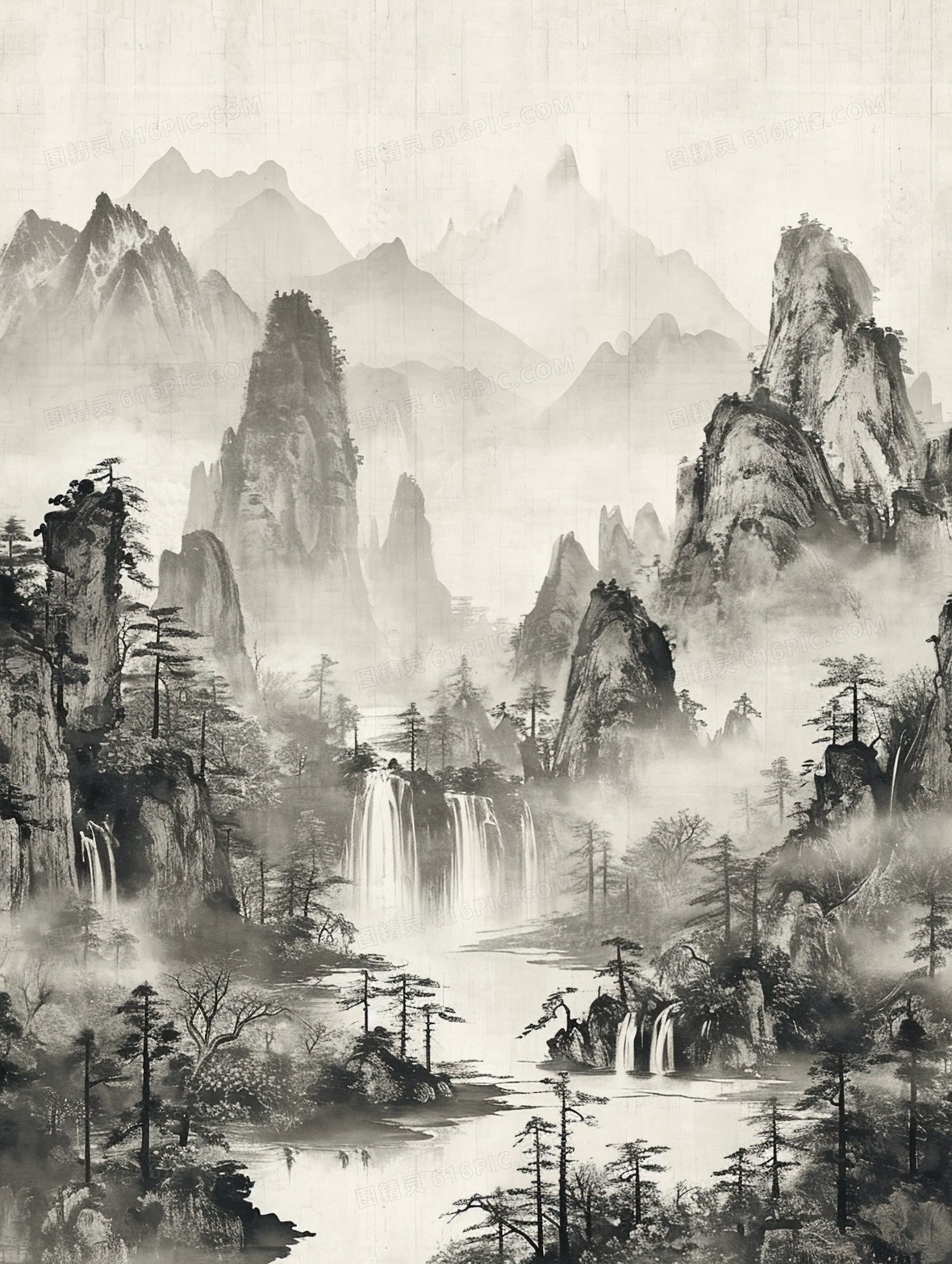 丛山的松树山水水墨插画背景图片下载_1856x2464像素JPG格式_编号