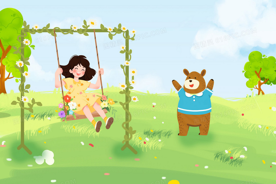 春天女孩荡秋千插画