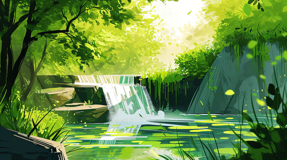 春季山林里的流水瀑布插画