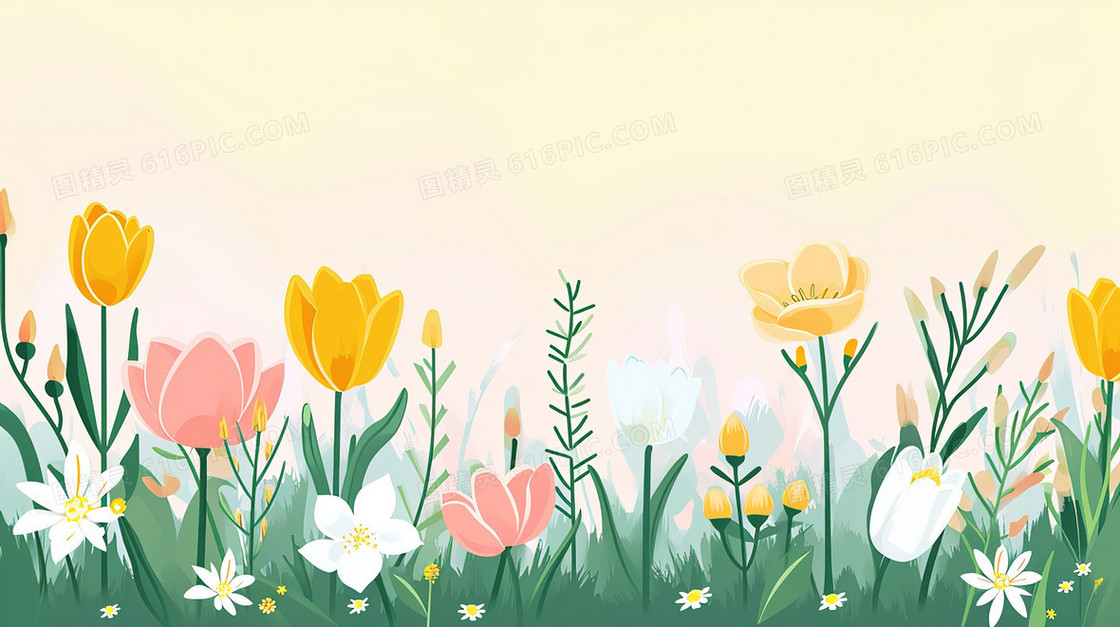 春季草丛中盛开的郁金香插画