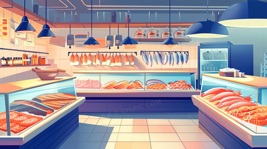 海鲜肉类商铺场景插画