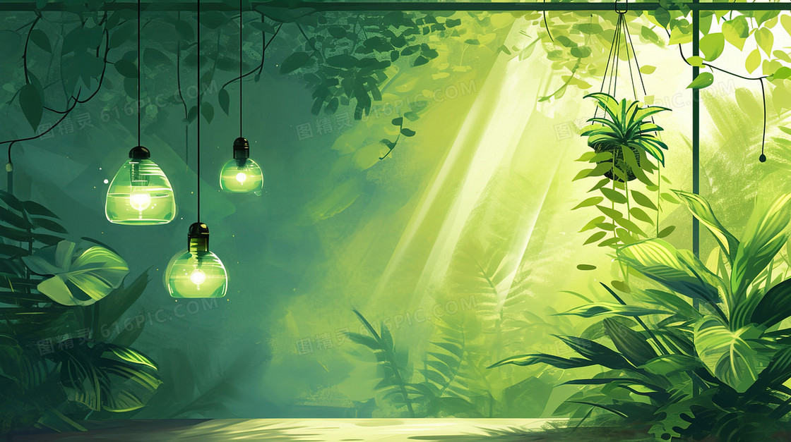 春季茂密森林里的的植物吊灯插画