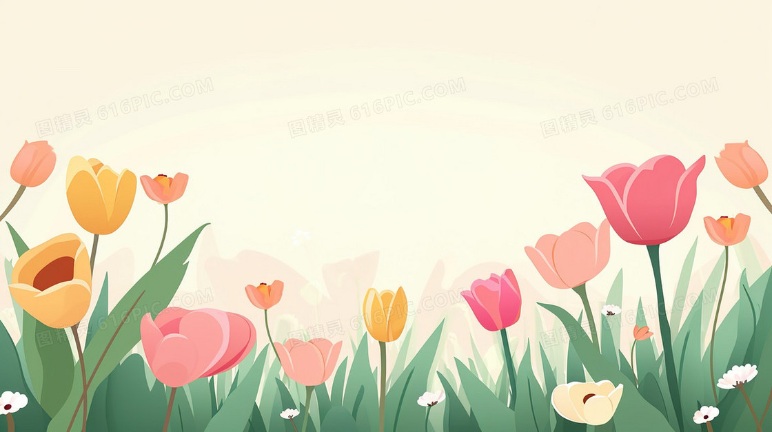 春季草丛中盛开的郁金香插画